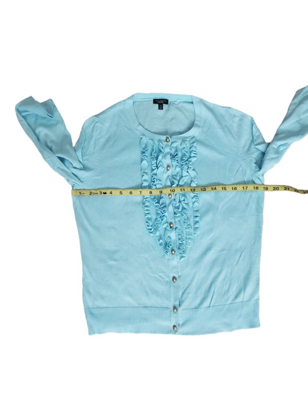 Talbots Women's‎ Ruffle-Front 3/4 Sleeve Cardigan Sweater Light Blue Size Medium - Picture 7 of 10
